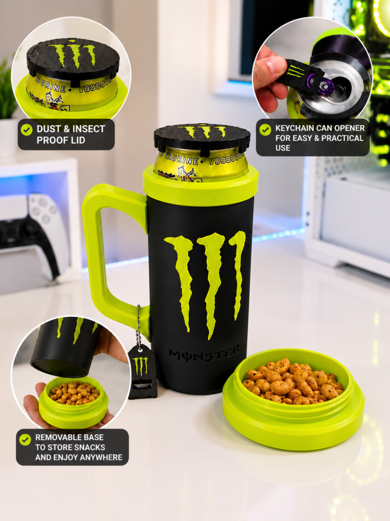 Energy Drink Can Holder with Snack Storage, Lid and Keychain Opener (16oz) 473ml