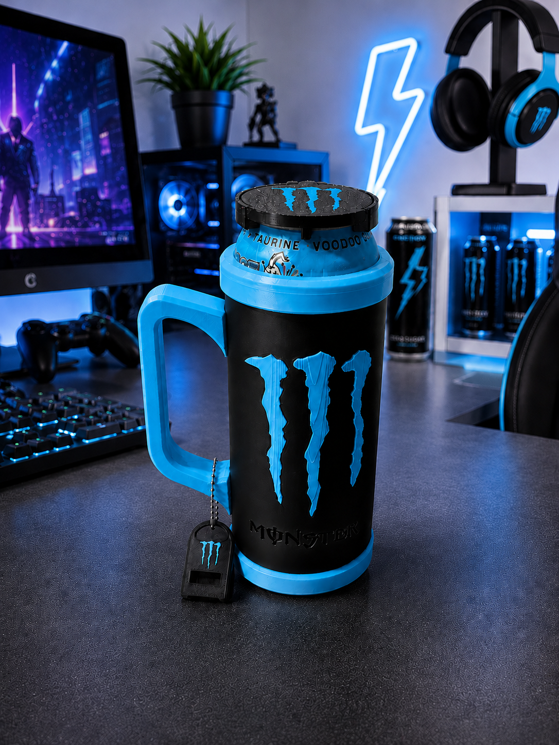 Custom Energy Drink Can Holder with Snack Storage, Lid, Keychain Opener (16oz) 473ml - Image 2
