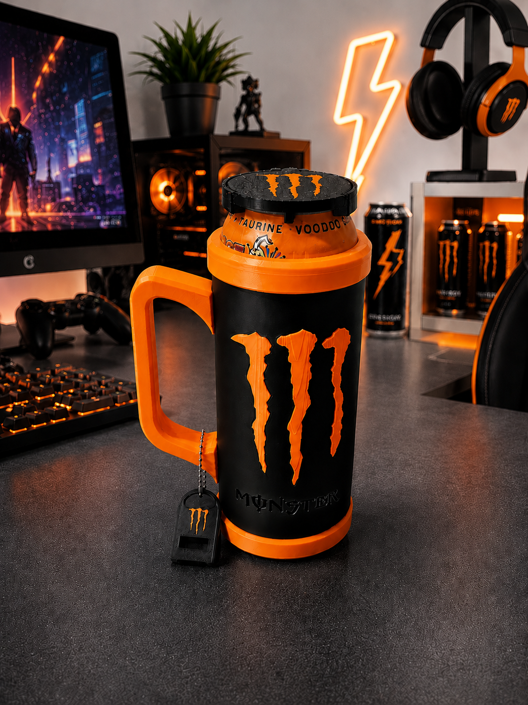 Custom Energy Drink Can Holder with Snack Storage, Lid, Keychain Opener (16oz) 473ml